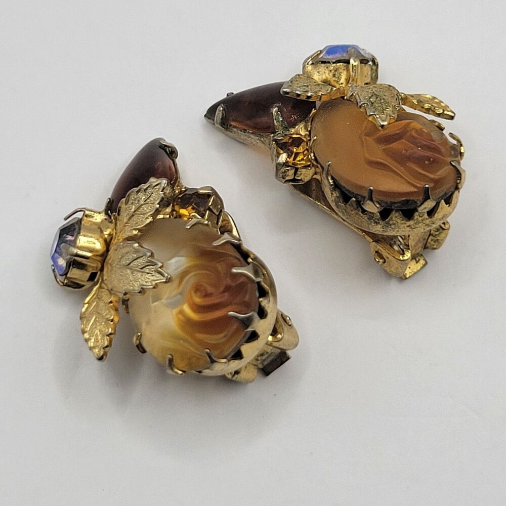 D&E Juliana Golden Rose Molded Glass AB Rhinestone Floral Design Clip Earrings